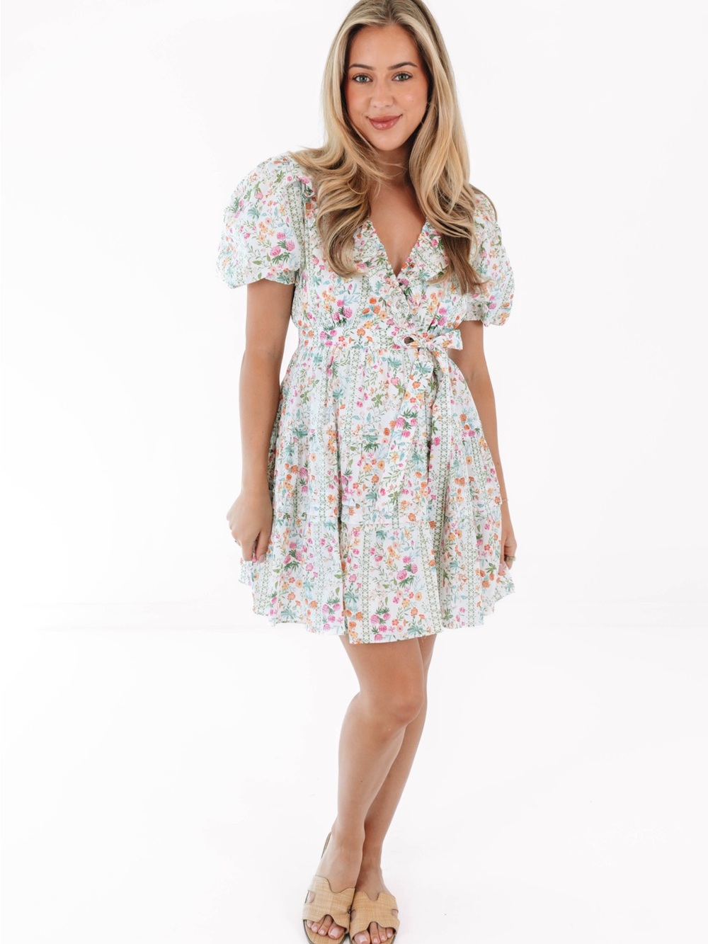 J. Marie Nora Ruffle Wrap Dress Size L NWT Floral Puff Sleeve Cottagecore Mini - Picture 4 of 14